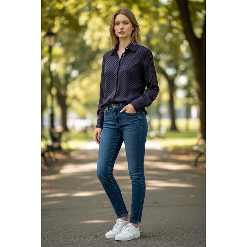 Farinaz Taghavi Attitude Sheer Striped Luxury Cotton Button Up Top Womens 6 NWT